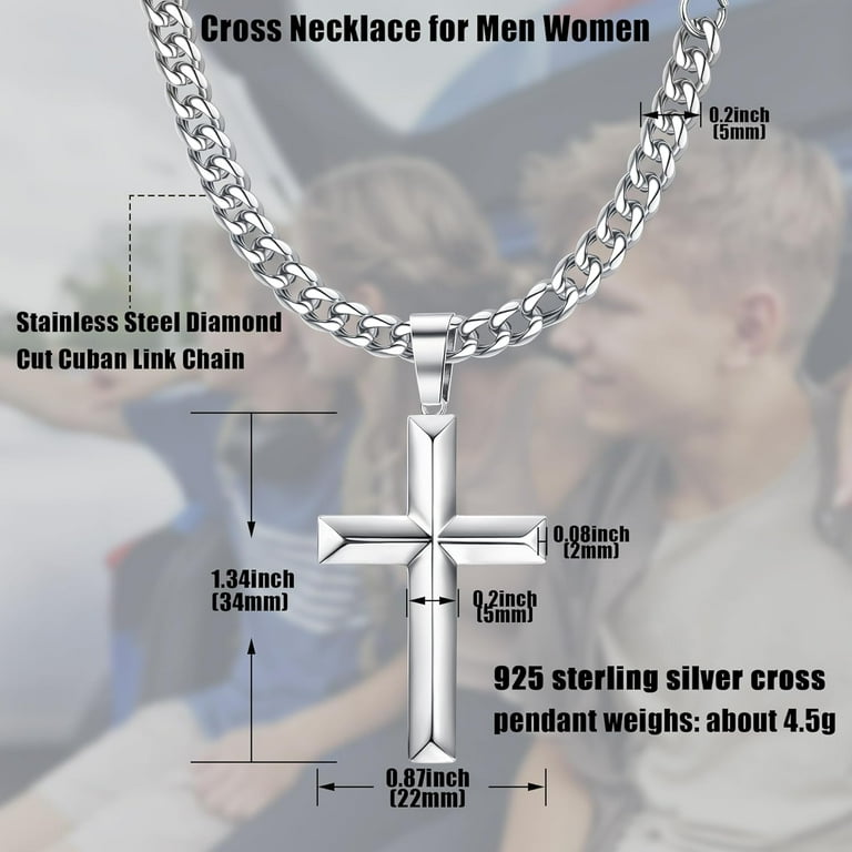 925 Sterling Silver Cross Necklace for Men Women - Hypoallergenic