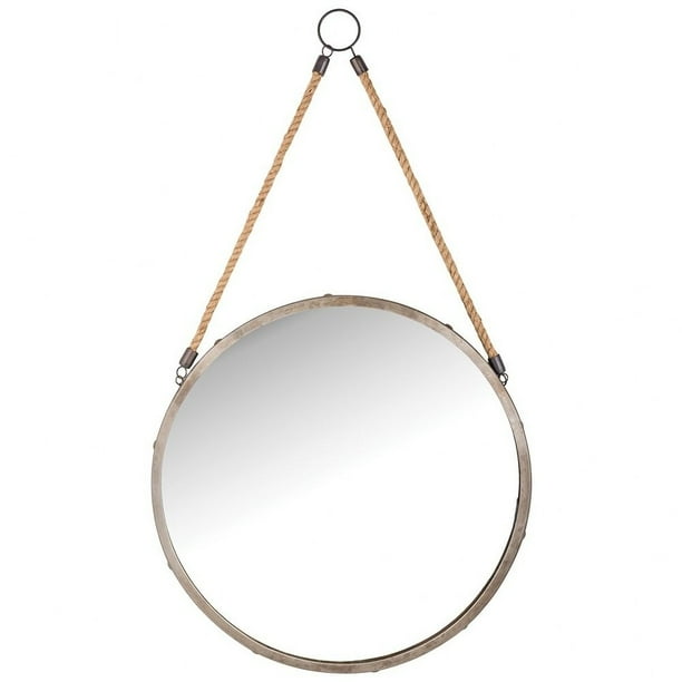 Round Wall Mirror Hanging From Rope Made Of Iron Jute In Antique Zinc Natural Finish 18 Inch Mirrors Com Round Wall Mirror Hanging From Rope, Danya B Round Mirror With Hanging Rope In Gold