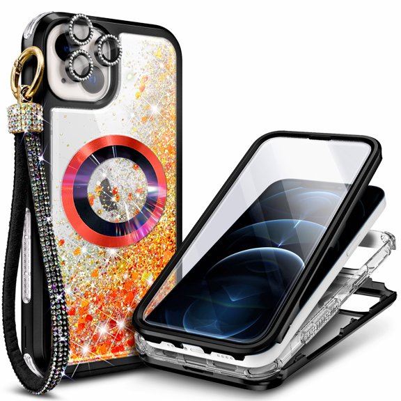 NageBee Designed for iPhone 12 / 12 Pro with [Built-in Screen Protector] Case MagSafe Compatible With Diamond Wrist Strap Lanyard, Glitter Floating Liquid Cute Case (Orange)