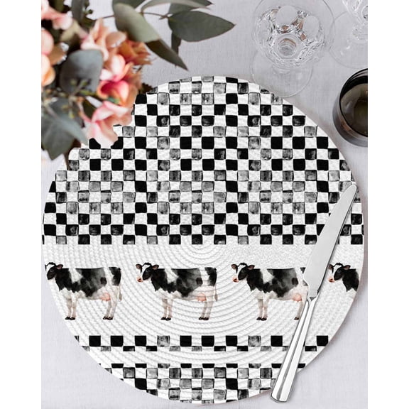 13 Inch Round Placemats Set of 6, Black Plaid Farmhouse Non Slip Heat Insulation PP Table Mats, Watercolor Cute Country Cow Checkered Washable Place Mats for Kitchen Dining Party Table Decor