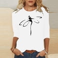 thumbnail image 2 of CHOK T-Shirt d'Été à Manches 3/4 Décontracté Motif Libellule pour Femmes Manches Trois-Quarts Chandail Col Rond T-Shirts Unis Tunique Élégante Confortable Marron TTG, 2 of 4