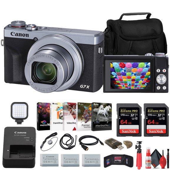 Canon PowerShot G7 X Mark III Digital Camera New (Silver) + 2 x 64GB Memory Card + 2 x NB13L Battery + More(International Model)