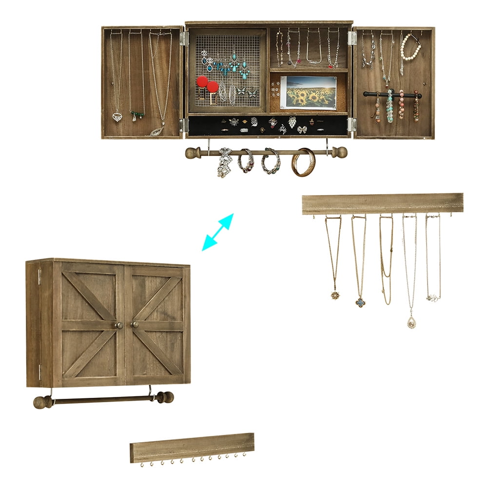 Private Jungle Wooden Jewelry Box With High-Grade Wall Barn Door Decoration, Jewelry Seat For Necklaces, Earrings, Bracelets, Rings - Brown