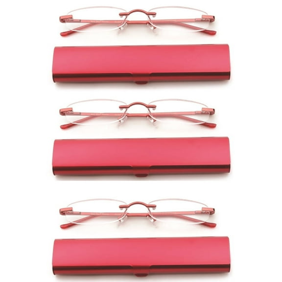 Newbee Fashion-Portable Compact Reading Glasses in Aluminum Case Metal Rectangle Rimless Reading Glasses Super Lightweight Reader Slim Design Comfort Fit 3 Pack Red 1.75