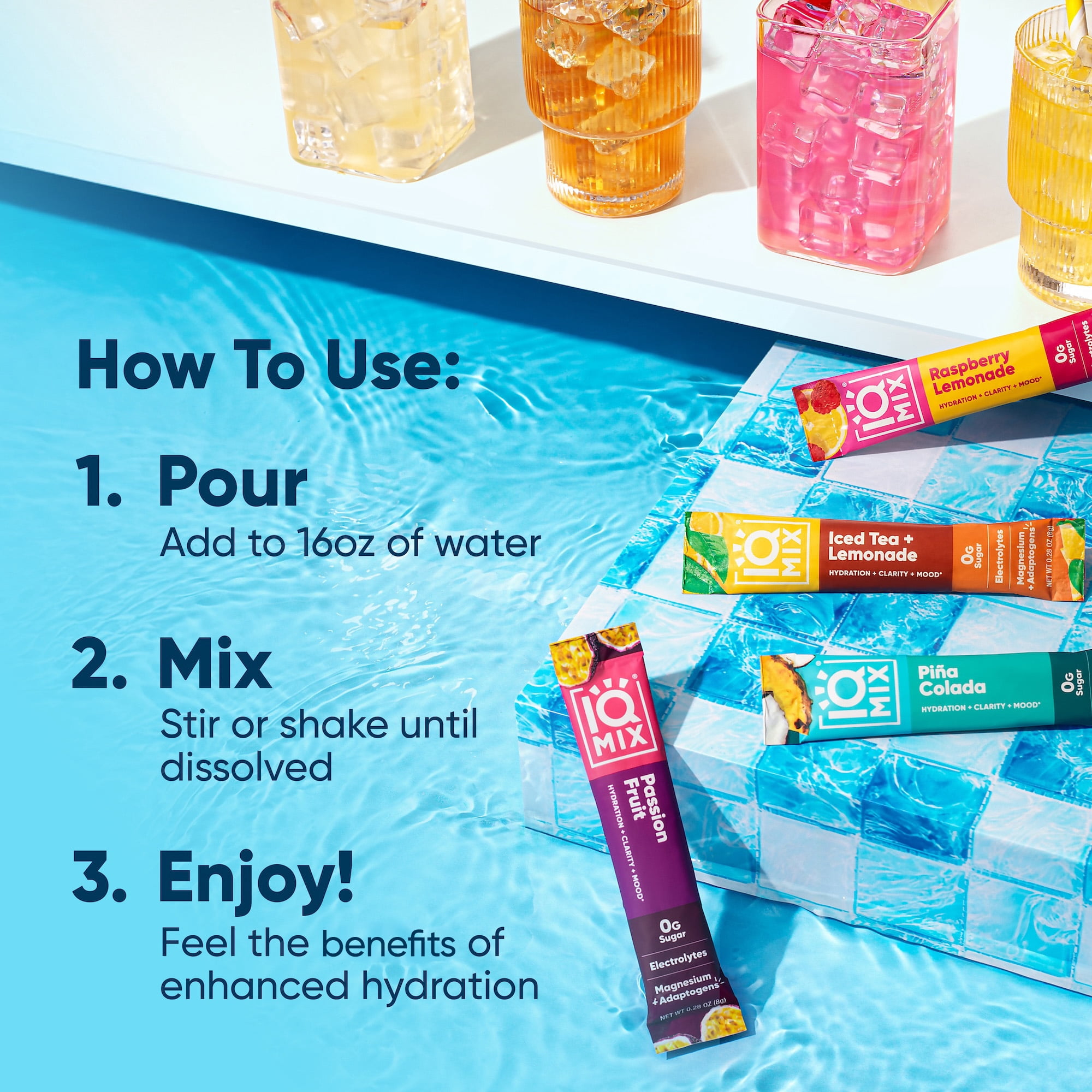 IQMIX Sugar Free Electrolytes Powder Packets - Hydration Supplement Drink Mix with Keto Electrolytes, Lions Mane, Magnesium L-Threonate, and Potassium Citrate - New Vacation Variety Pack (20 Count)