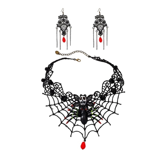 Black Spider Web Choker Necklace and Earrings Set for Women, Gothic Skull Spiders Charm Pendant Collar, Halloween Party Clothing Accessories Jewelry