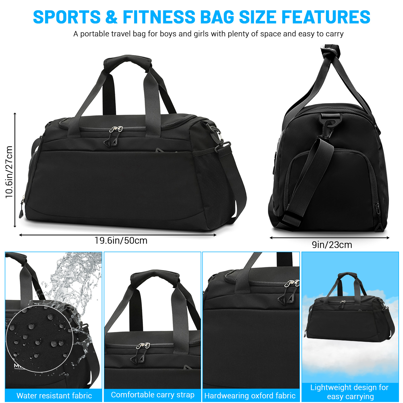 Sports Gym Bag with Wet Pocket & Shoe Compartment, Waterproof Travel Duffel Bags for Women Men, Weekender Carry on Overnight Tote Workout Bag for Yoga Swimming Hospital (Black)
