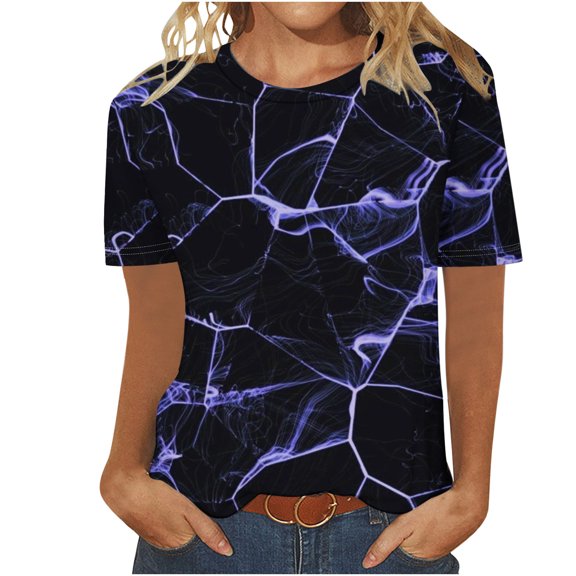 Fesfesfes Womens Work Shirts Women Fashion Casual Printed Short Sleeve Round-Neck Pullover Blouse T-shirt Tops Tshirt for Women L(US:8)