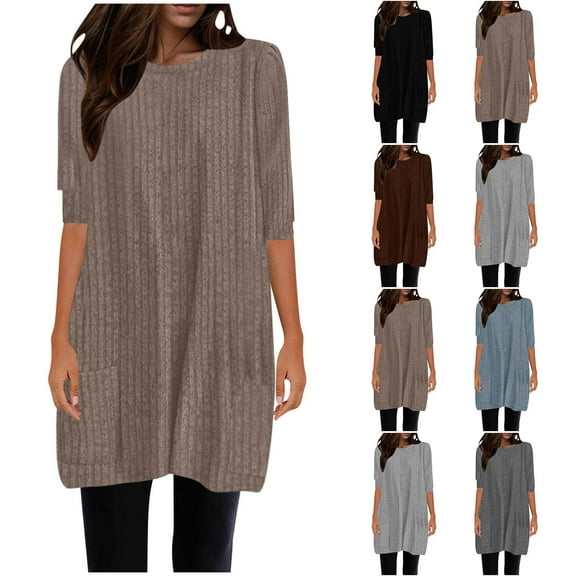 Olyvenn Women Rib Knit Tunic Tops Short Sleeve Crewneck Long Shirts 2025 Trendy Solid Color Basic Casual Blouses Tunics Gray L