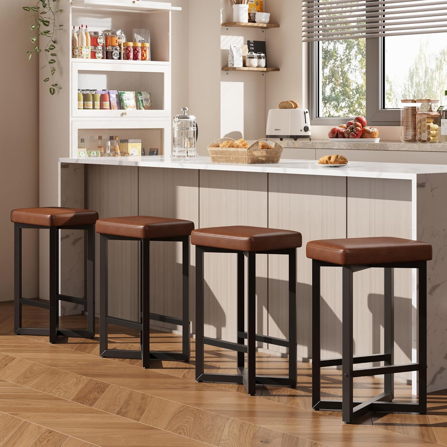 Trilenars Bar Stools Set of 4,24.6" Upholstered Counter Height Bar Stools with Metal Frame & Footrest,Modern Backless Kitchen Barstools with PU Leather for Dining Room,Vintage Brown