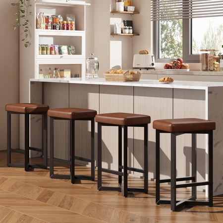 Set of 4 Counter Height 25 Inch Backless Bar Stool Set PU Leather Upholstered Seats Metal X Frame Footrest Modern Kitchen Dining Room Stools Brown