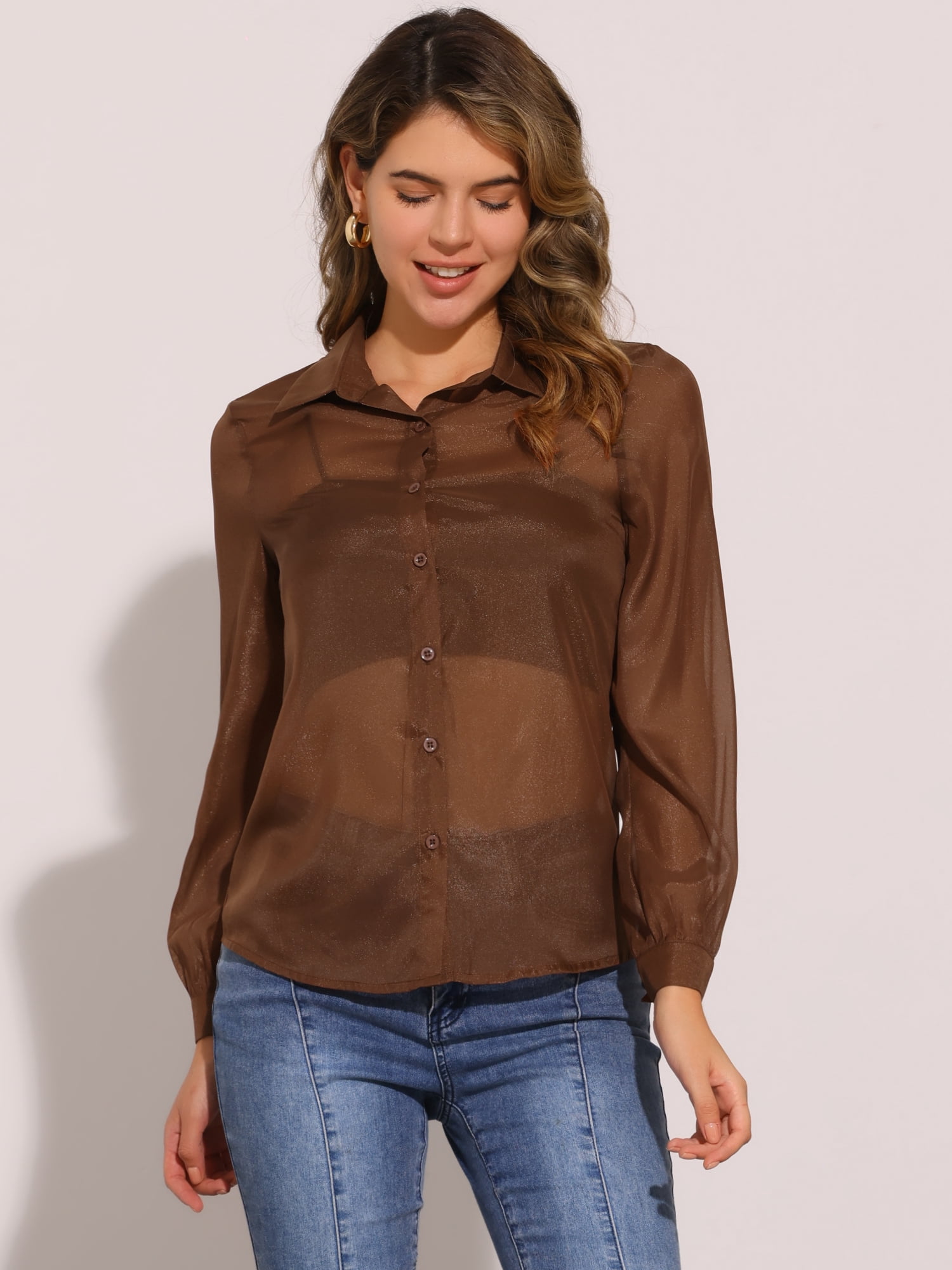 DARING DIVA Women's Mesh Sheer Tops Point Collar Button Down Shirt M Brown