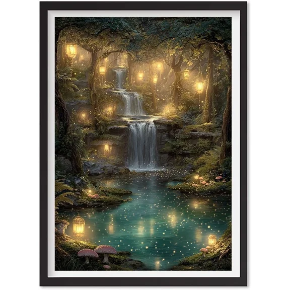 Fantasy Woodland Waterfall Print Enchanted Pond Painting Mystical Wall Art, Matte Canvas Stretched, Posters for Room Bedroom Living Room Bathroom Wall Decor, Posters & Art Prints, Gift.