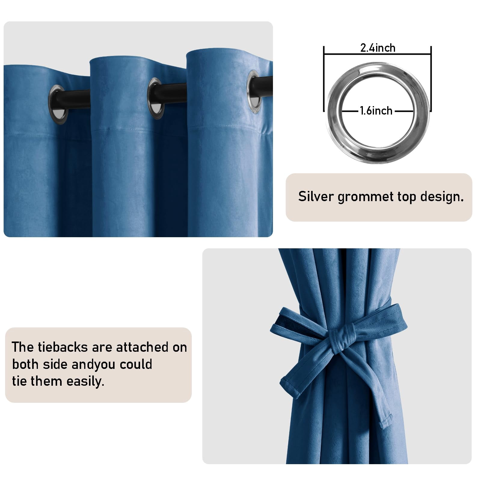 JIUZHEN Velvet Curtains 63 inches Long - Super Soft Room Darkening Thermal Insulating Window Drapes for Bedroom Living Room Dining Backdrop, W 52 x L 63 inch, Blue, 2 Panels