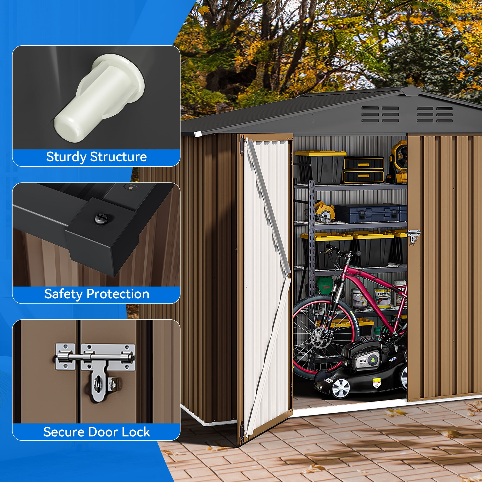 Dextrus 8x6 FT Outdoor Storage Shed with Lockable Doors & Air Vent, Large Metal Tool Sheds House for Backyard Patio to Store Bikes, Tools,Brown
