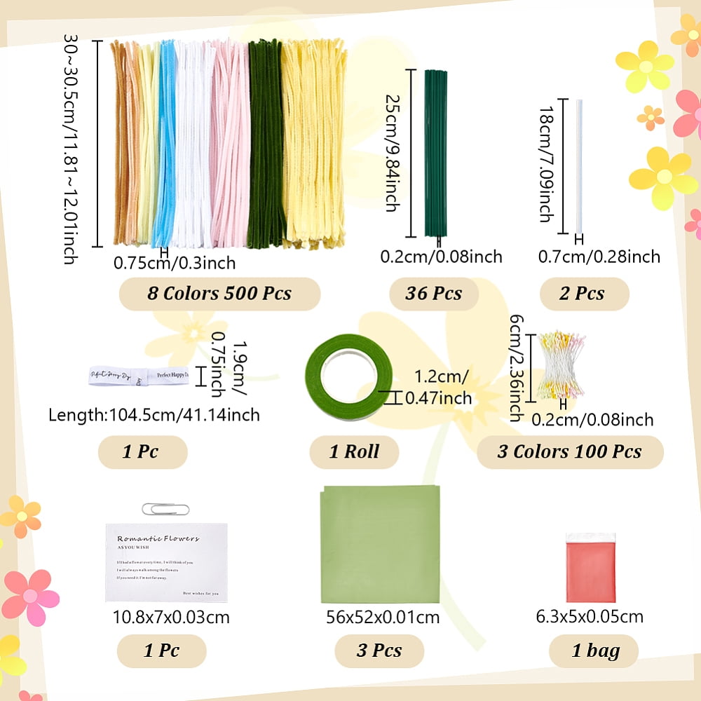 DIY Plush Sticks with Chenille Stems Polyester Ribbons Iron Stick Greeting Cards and Glue Stick Mixed Color 300~305x7.5mm