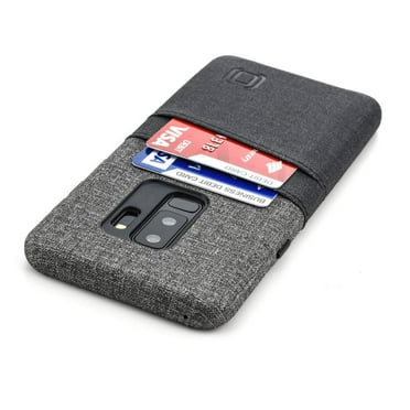 Dockem Luxe Wallet Case for Samsung Galaxy S9 Plus: Minimalist Card Case with UltraGrip Canvas Style Synthetic Leather, Slim Professional Snap On Cover w/ 2 Card Holder Slots - Black and Grey