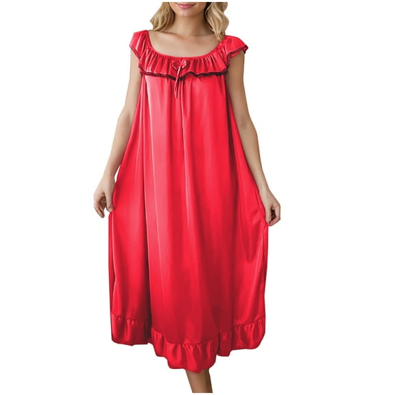 Gfyviroh Sleeveless Nightgowns for Women Solid Color Pleated Ruffle Hem Nightshirts Silk Satin Casual Crewneck Nightdress