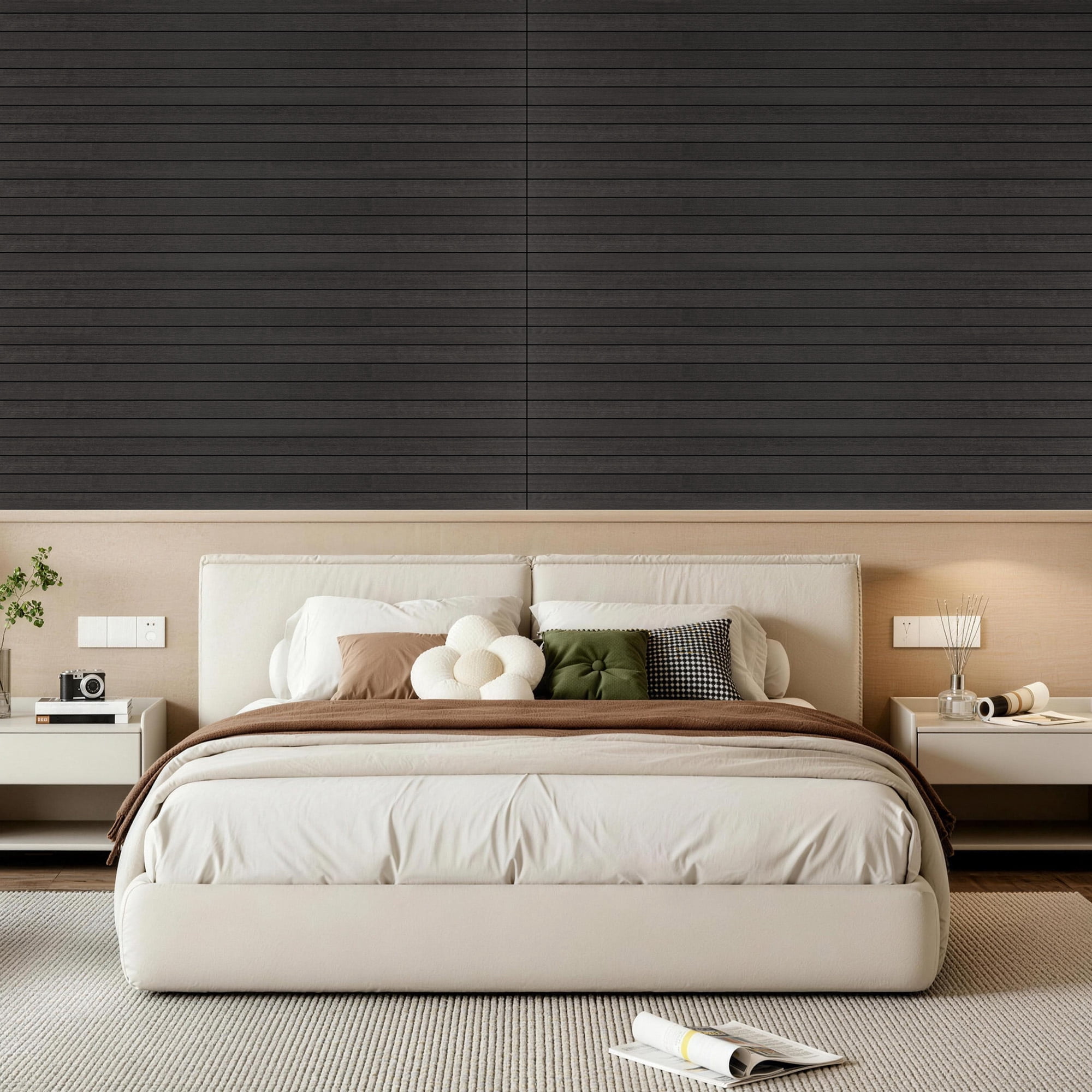 Yeslife 6-Pack Peel and Stick PVC Wood Slat Wall Panels, 48.03 in. x 15.75 in., Black Wood Finish, Thickened 3D Decorative Wall Panels for Living Room, Bedroom & Office