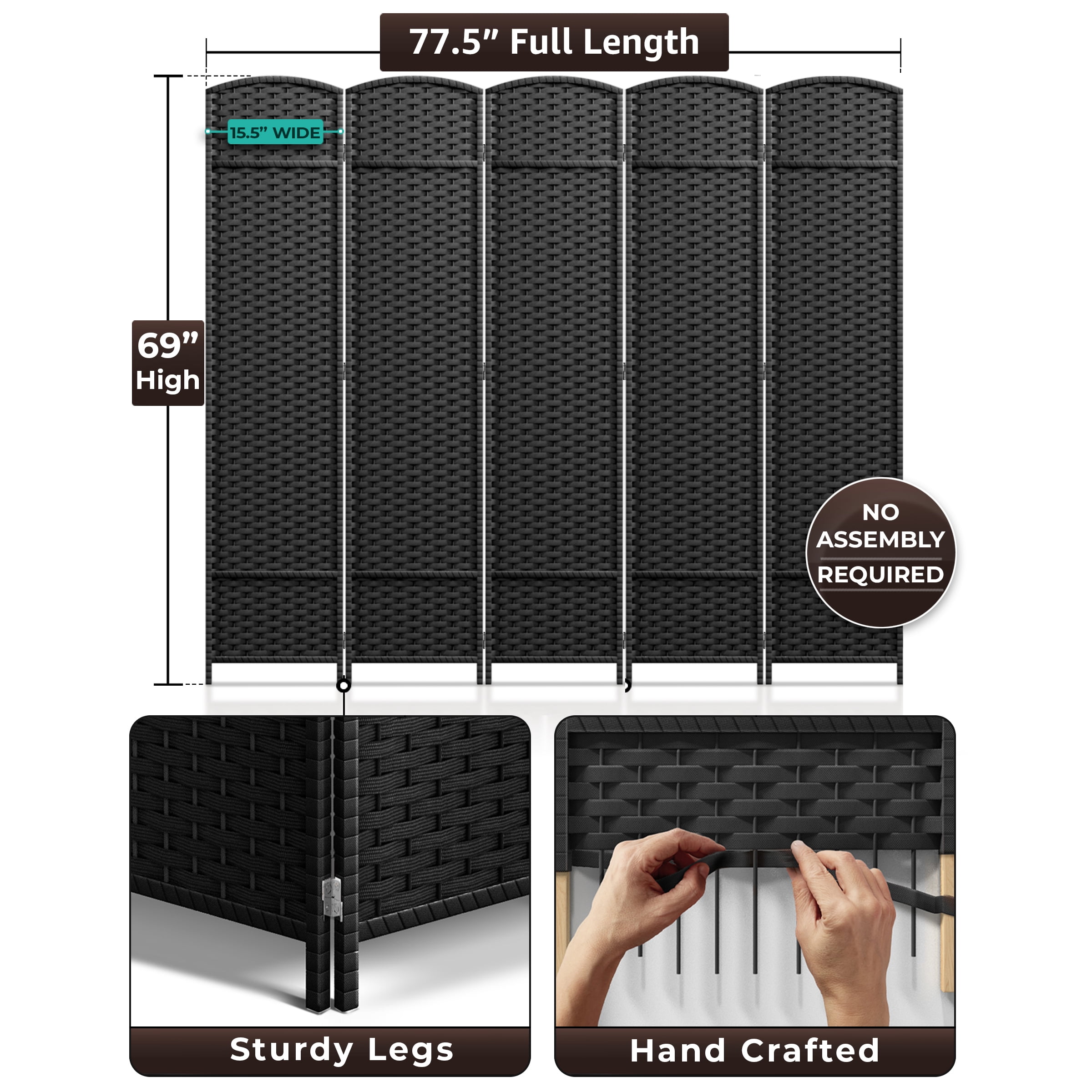 Sorbus 5-Panel Wide Folding Room Divider Privacy Screen, Hand-Woven Black Mesh