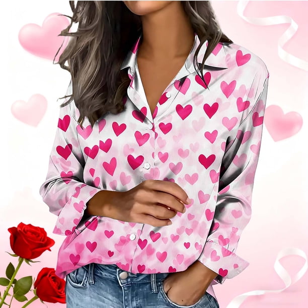 TaTaai Ladies Long Sleeve Button Down Shirt Valentines Day Print Satin Lapel Collar Blouse Silky Romantic Loose Fit Top Gift