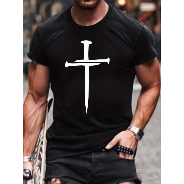 Cross Print Men's Casual Short Sleeve T-shirt For Summer Crew Neck Loungewear Pajamas Men's Top