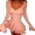 thumbnail image 3 of Women'S Long Sleeve Wedding Guest Dresses Sexy Deep V Neck Flare Ruffle Bodycon Dress Pink M, 3 of 8