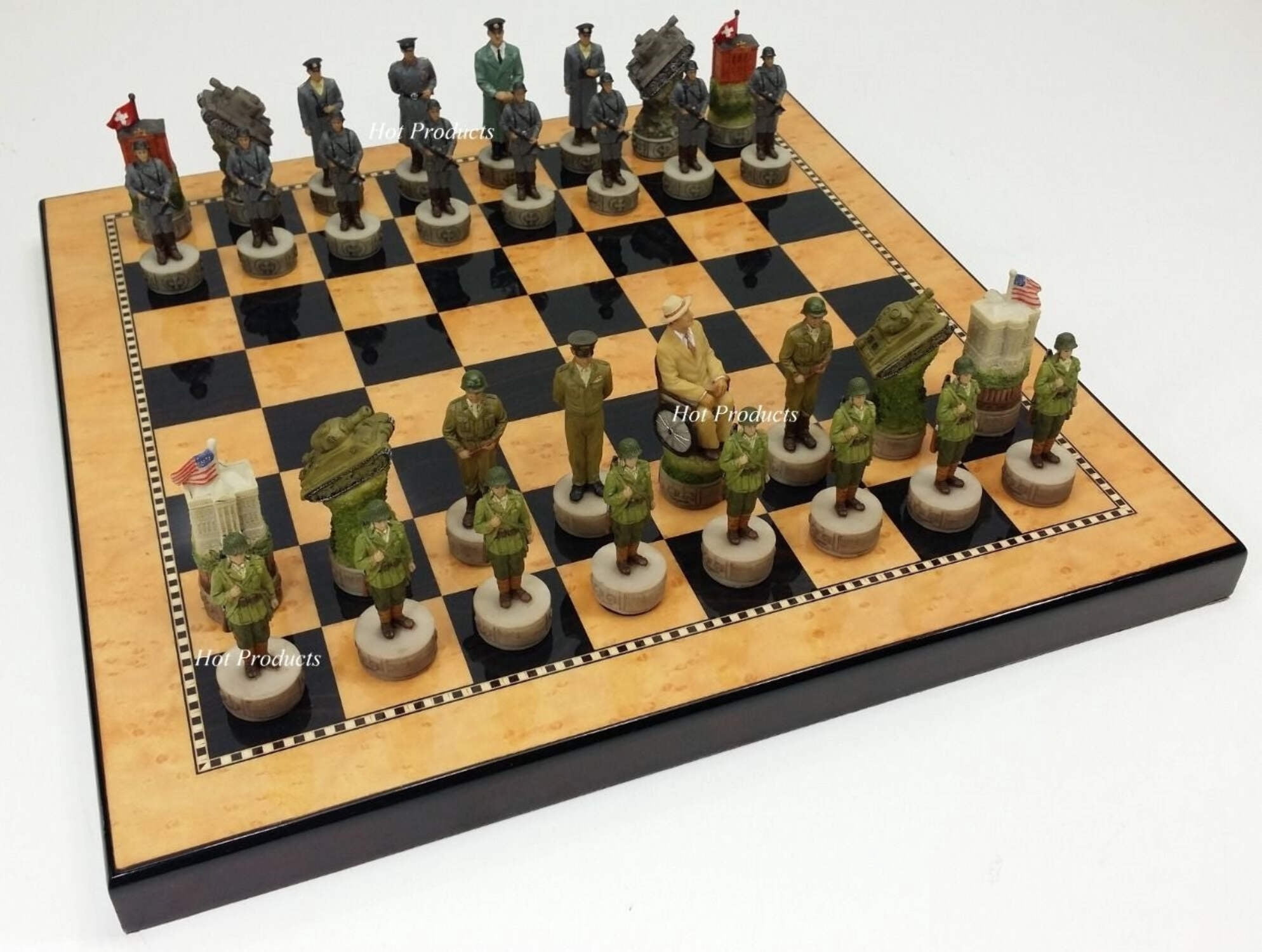 WW2 US GERMANY Chess Set W/ 15" WALNUT  BIRDSEYE MAPLE COLOR BOARD World War 2