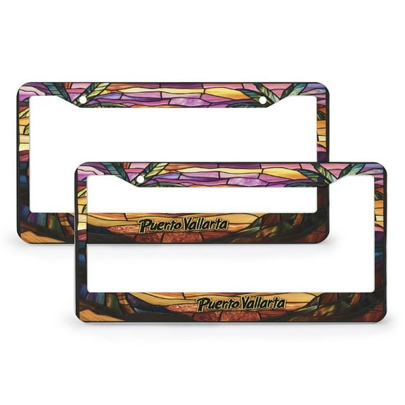 2 Pieces Puerto Vallarta Honeymoon Vacay Travel Gift License Plate Frame Tropical Palm Tree Landscape License Plate Frame License Plate Shield Frame Quality Aluminum Metal 2 Round Holes