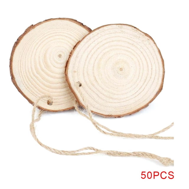 Rebanadas redondas de madera natural sin terminar, agujeros pretaladrados, círculos de madera, adornos navideños para bodas, discos con cuerda 50 Piezas sidaley HA2347-00B