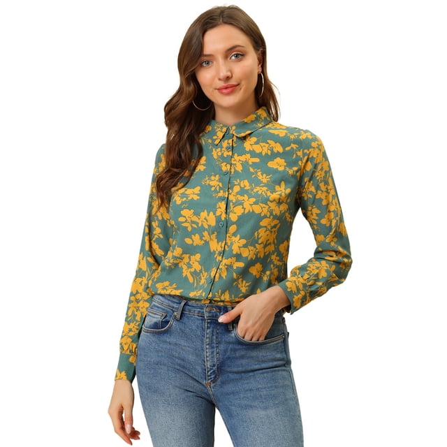 Camisa de oficina Allegra K de manga larga con blusa formal informal estampada para mujer Verde Floral S