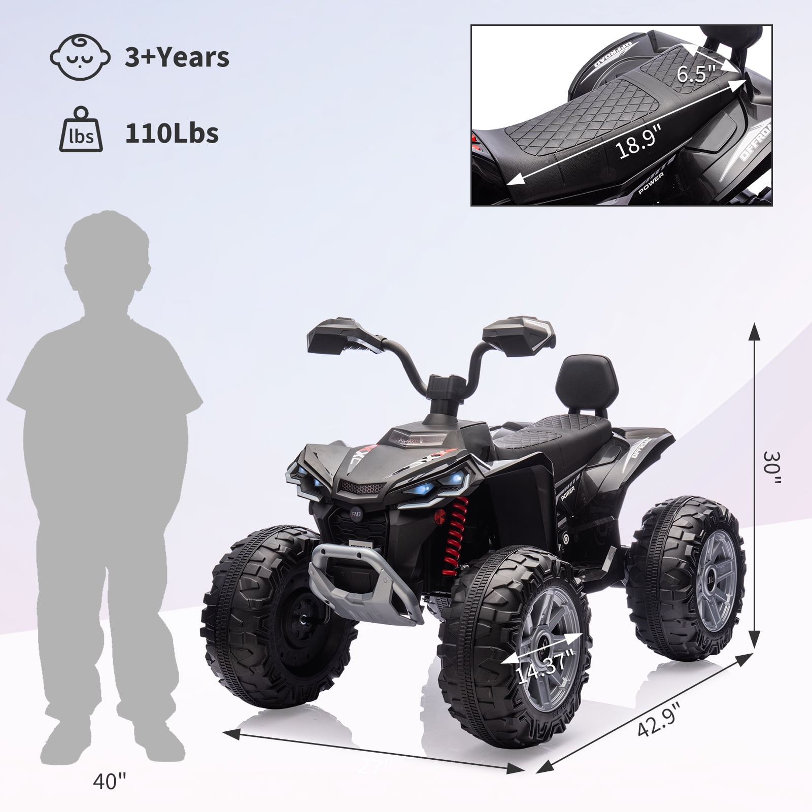 24V 2-Seater Electric Kids ATV Ride-On Car – Dual 550W Motors, Off-Road 4-Wheeler, 14.4'' Wheels, LED Lights, Music, High/Low Speed, For Boys & Girls Ages 3-8