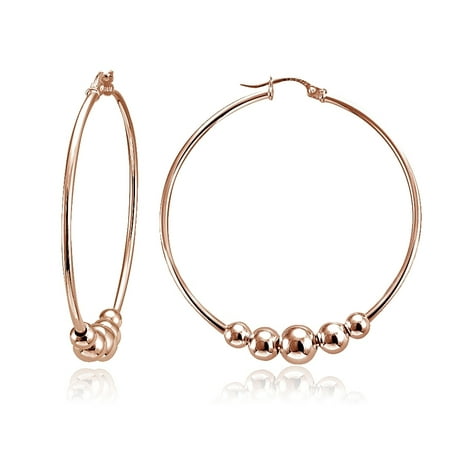 Round Loop Earrings - Rose Gold Tone Sterling Silver Beaded Round Hoop Earrings, 42mm