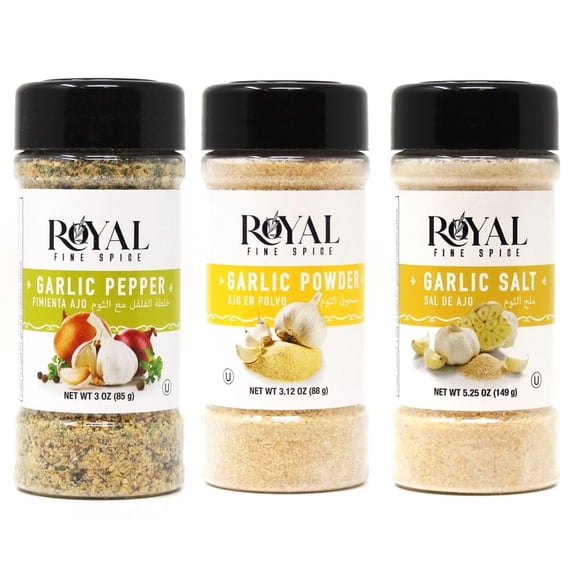 Royal Fine Spice Garlic Seasoning Variety Pack – 3 Pack Bundle (Garlic Pepper 3 oz, Garlic Salt 5.25 oz, Garlic Powder 3.12 oz)