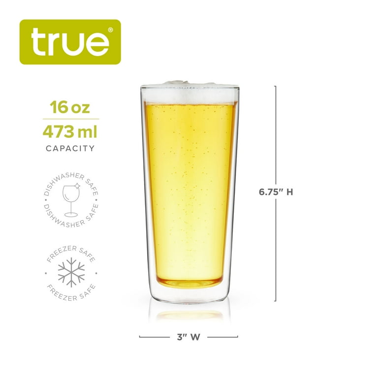 True Double Walled Beer Glasses - Insulated Pint Glasses -  Double Wall Glasses - Beer Mugs Clear 16oz Set of 2: Beer Glasses