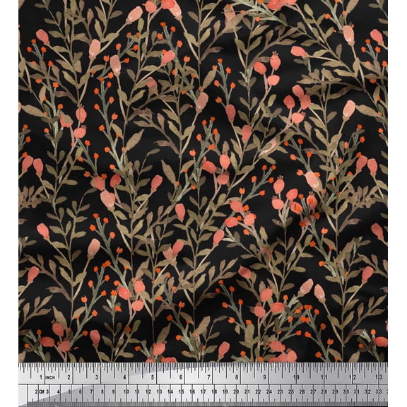 Soimoi Black Cotton Duck Fabric Berries Leaves Fabric Prints By Yard 42 Inch Wide