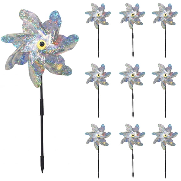 Xingtaoda Bird Deterrent Pinwheels 10 Pack 53Cm 20.87Inch Reflective Wind Spinners Laser Cut Plastic Leaves Garden Stakes For Yard Farm Tree Plant Protection(Silver)