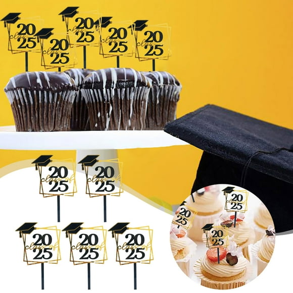 5 Piece Set Of Black And Gold Glitter 2025 Graduation Hat Paper Cupcake Decorations For The Class Of 2025 Graduation Hat Acrylic Cake Sweet 16 Cake Toppers in Candy Decorations for Cakes Christmas
