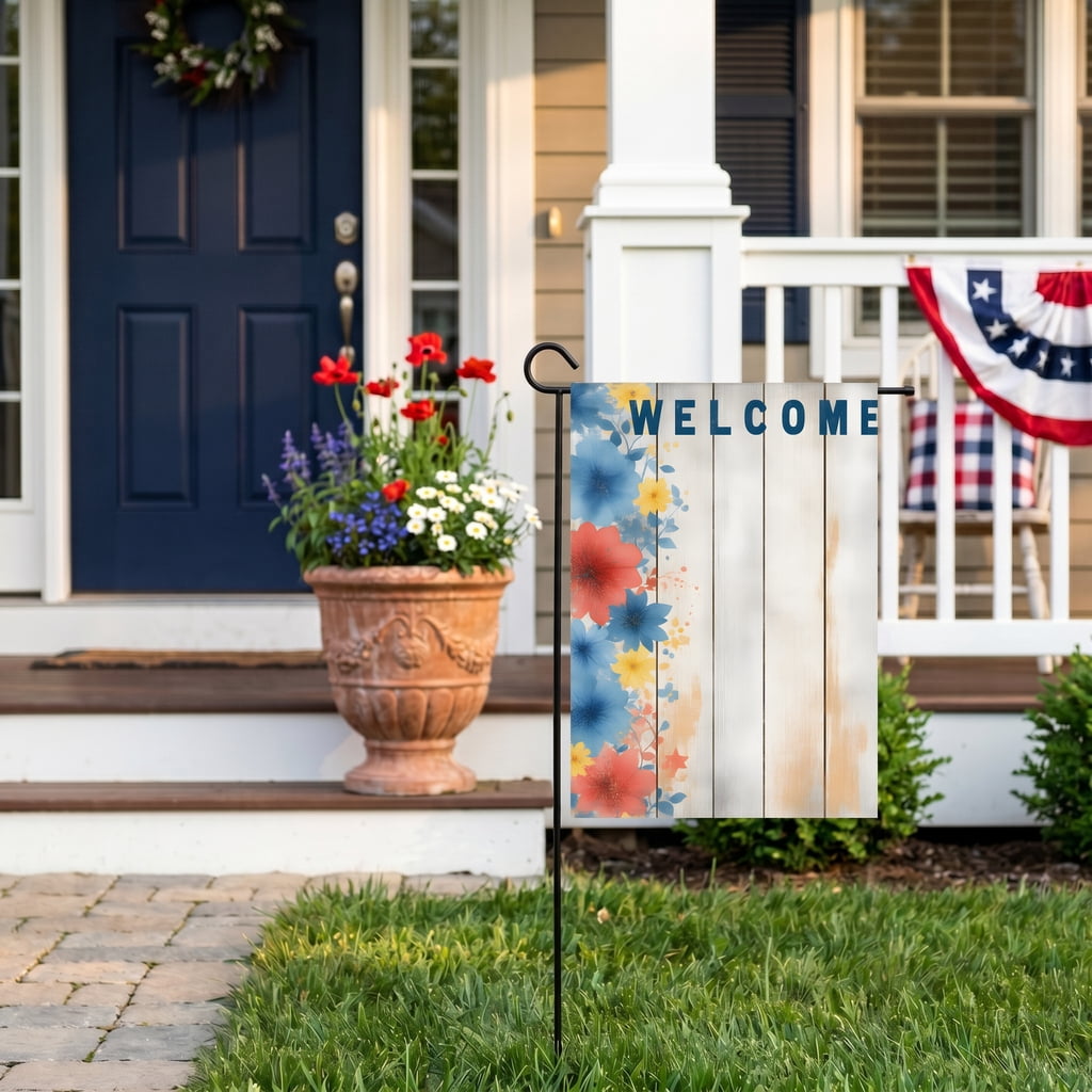 Americana Garden Flag - A Welcome Sign with Colorful Flowers on a Wooden Background - WELCOME AMERICA 28 x 40 Inch Classic Size for Outside