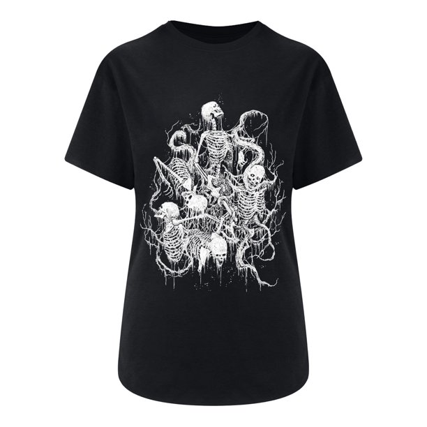 Mujeres Fahion Cuello redondo Mangas caídas Hombro Camiseta Estampado de calavera Blusa Túnica Tops Fridja zx1907