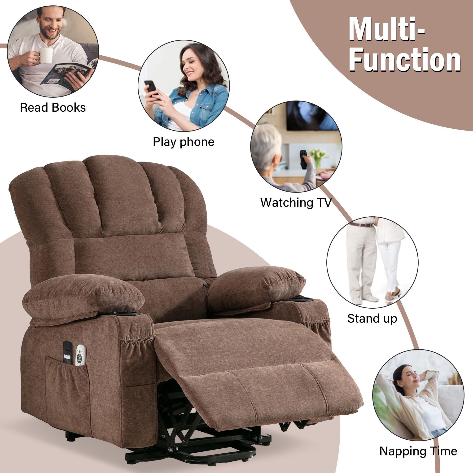 Segmart Power Lift Recliner Chair for Elderly with Massage & Heat, 350lbs Capacity, Soft Linen Fabric, Remote Control, USB Port, Brown – Electric Lounge Chair for Living Room