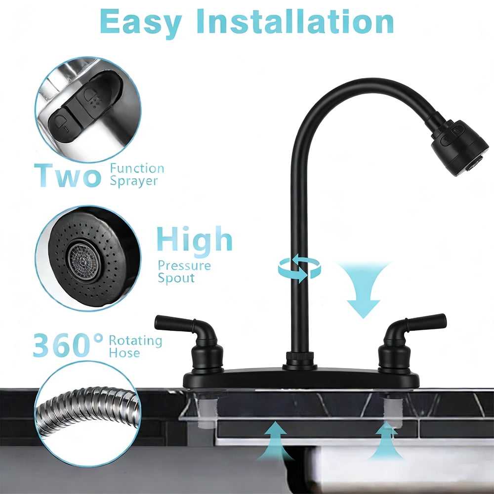 RV Kitchen Faucet, Non-Metallic Camper Kitchen Sink Faucet 8 Inch 2 Hole Double Handles with Flexible Arch 360 Degree Rotatable Spout for Campers, Motorhome, Travel Trailer, Black