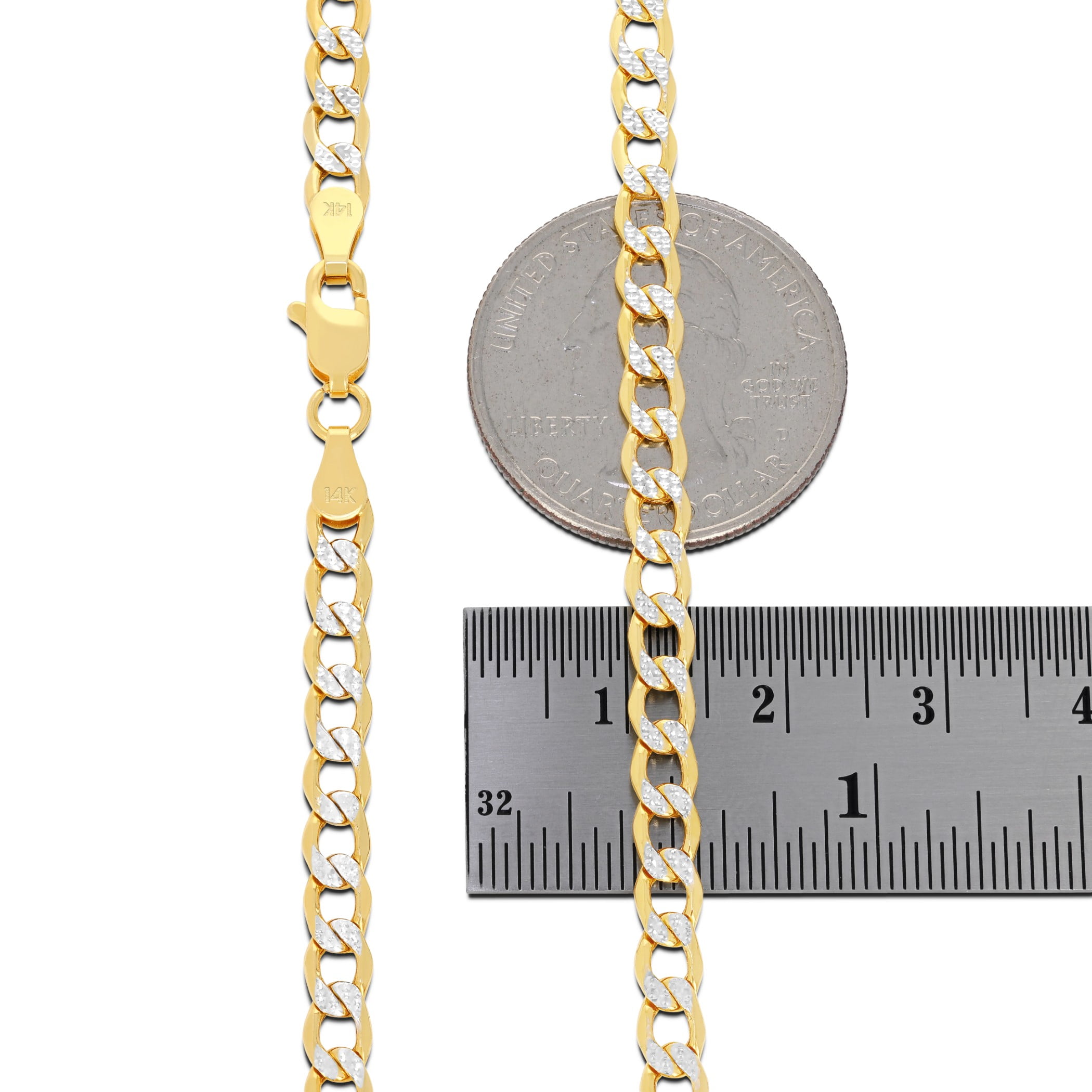 Nuragold 14k Real Yellow Gold Cuban Curb Link 4.5mm Diamond Cut Pave Chain Necklace (16"-26") Two Tone Italian Jewelry for Men & Women