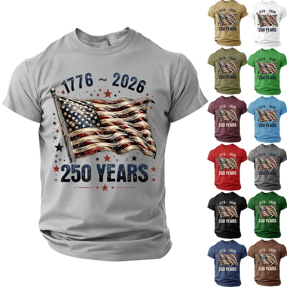 USA 250th Anniversary T-Shirt for Men 1776-2026 Patriotic Graphic Tee Vintage Waving Flag Crew Neck Short Sleeve Casual Cotton Blend Top Army Green L