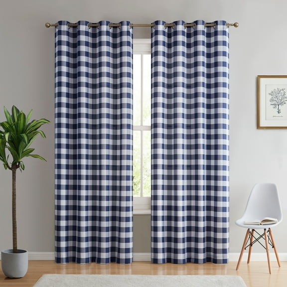THD Cedar Buffalo Check Textured Light Filtering Grommet Lightweight Curtain Panels, Set of 2