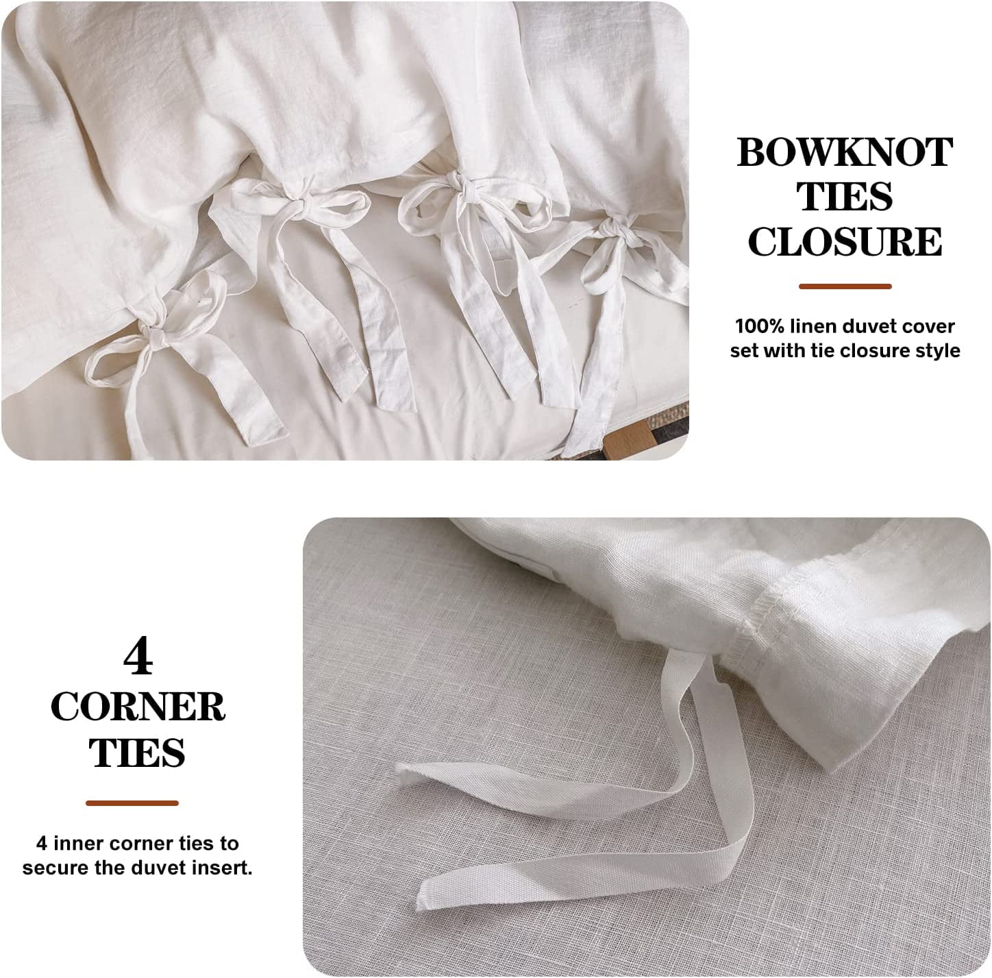 Simple&Opulence 100% Linen Duvet Cover Set, 3 Piece Belgian Flax Breathable Bedding, King Size 104''x92'' (1 Comforter Cover+2 Pillowshams) with Tie Closure Style,White
