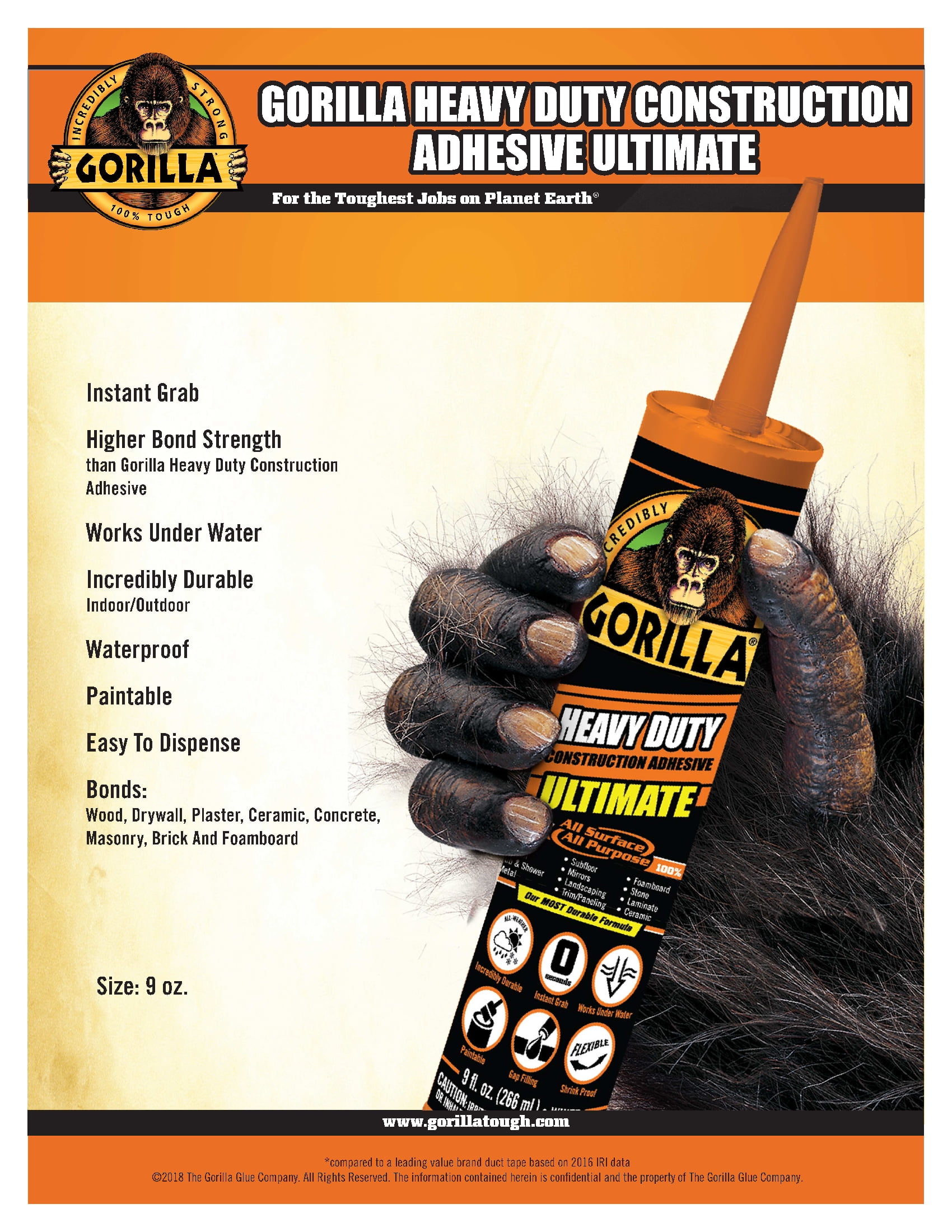 Gorilla Ultimate Heavy Duty Construction Adhesive 9 oz Cartridges, 6 Pack