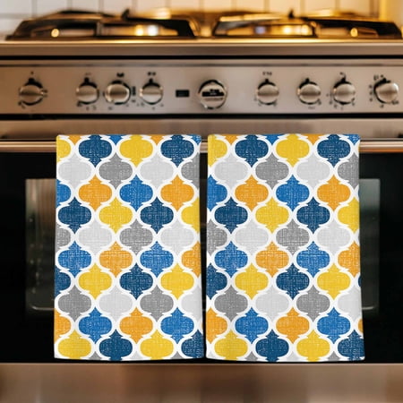 Yellow Blue Morocco Pattern Kitchen Towels Set of 3 Modern Moroccan Geometric Absorbent Dish Towels for Kitchen Microfiber Hand Towel Quick Drying Tea Towel for Cleaning Decorative Dishcloths