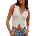 thumbnail image 5 of Women's Solid Color V Neck Three Button Knit Sweater Vest, Cropped Sleeveless Casual Top, Lightweight for Summer Going Out Outfits, Soft and Breathable Beige L, 5 of 10