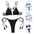 thumbnail image 6 of 1 Set Women Bikini Set Off Shoulder Lace-up Tassel Color Matching Halter Neck Patchwork Soft Padded Wireless Lady Beachwear Bathing Suit Swimsuit, 6 of 7